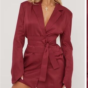 Ego Oversized Belted Detail Blazer Dress In Burgundy Woven size US 6